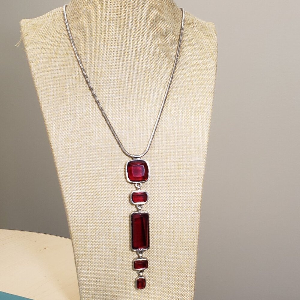 Chico's, Silver long necklace, garnet rhinestone large pendant necklace